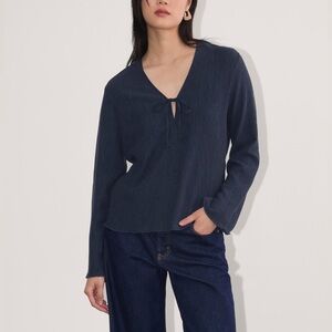 Everlane Crinkle Long Sleeve Navy Blue Top